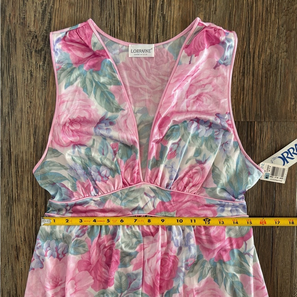 Vtg Lorraine Empire Waist Plunge Neck Maxi Nightgown Slip Dress Sz M Pink Floral - Picture 5 of 13